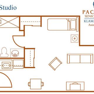A detailed floor plan of a studio apartment with labeled areas for living, sleeping, and kitchen spaces.