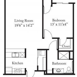 A floor plan layout of a one-bedroom apartment featuring a living room, kitchen, bathroom, and closet.