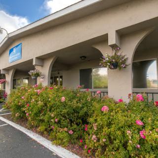 A welcoming hotel entrance framed by vibrant flowers and a well-maintained landscape.