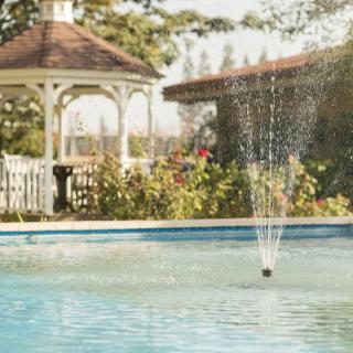 A tranquil garden scene with a gazebo and a fountain in the pool.