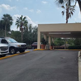 A view of a parking area in front of a building, framed by palm trees and a partly cloudy sky.