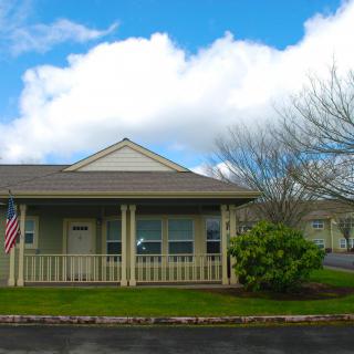 A suburban house with a porch and an American flag in front, set against a partly cloudy sky.