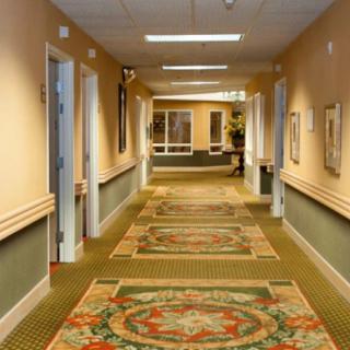 A well-lit hallway with patterned carpets and multiple doors.