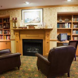 A cozy living room featuring a fireplace and comfortable seating surrounded by bookshelves.