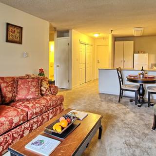 Cozy apartment living room with a red sofa, coffee table, dining area, and kitchen in the background.