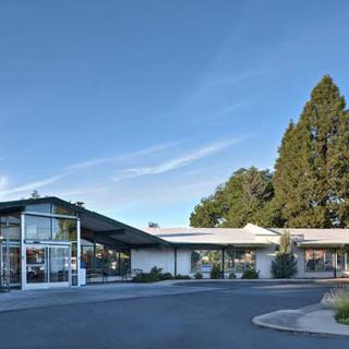 A mid-century modern building with a glass facade surrounded by trees under a clear blue sky.