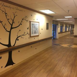 A hospital hallway featuring a tree mural on the wall and wooden flooring.