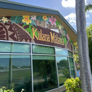 A beautifully decorated building features a vibrant floral mural with tropical motifs.