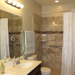 A modern bathroom with a shower, sink, and mirror.