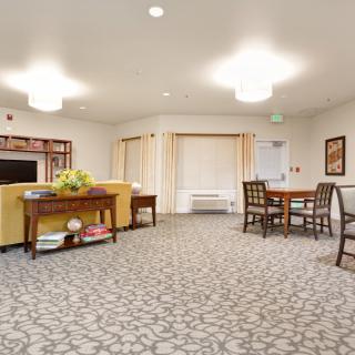A well-lit living room with comfortable seating, a television, and a patterned carpet.