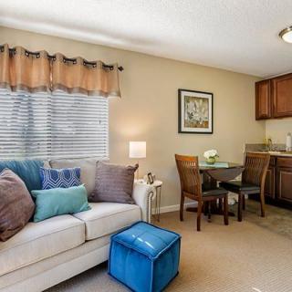 Cozy living and dining area with a sofa, colorful cushions, and a small dining set adjacent to the kitchenette.