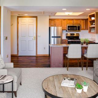 A modern open-concept living room and kitchen with warm wood accents and comfortable furnishings.
