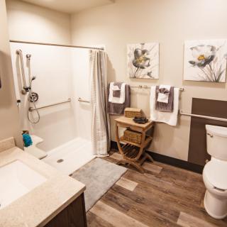 A modern bathroom with a shower, sink, and toilet featuring stylish decor and wooden flooring.