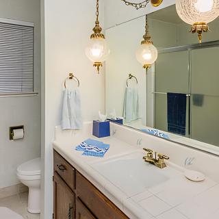 A well-lit bathroom with a sink, mirror, and wooden cabinet.