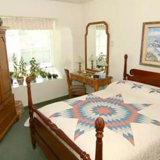 A cozy bedroom with a wooden bed and a colorful quilt, complemented by plants on the windowsill and classic furniture.