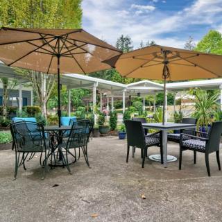 A beautiful outdoor patio area with tables, chairs, and umbrellas set amidst a lush garden on a sunny day.