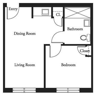 A floor plan of a one-bedroom apartment with a living room, dining room, bathroom, and bedroom.