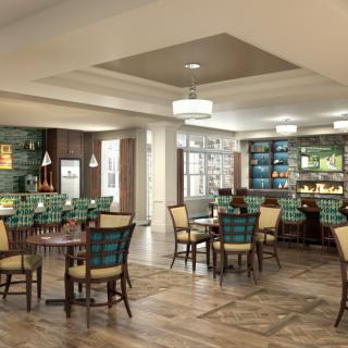 Elegant dining area with stylish seating and bar.