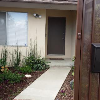 A house with a front pathway leading to a dark door, surrounded by plants and windows.