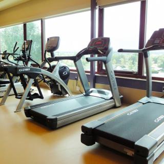 A well-lit gym with treadmills and exercise equipment facing large windows.