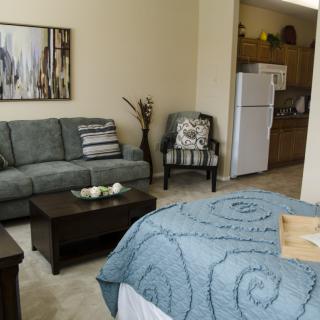 A cozy living space featuring a sofa and armchair, with a view into the kitchen area.