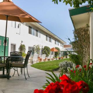 A charming courtyard with patio seating and umbrellas surrounded by well-maintained gardens.