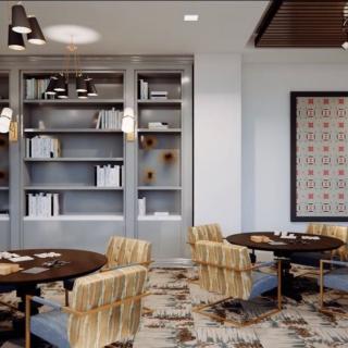 A modern library interior featuring round tables, comfortable chairs, and neatly arranged bookshelves.