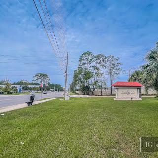 A serene view of a grassy area alongside a road, featuring trees and a small building under a clear blue sky.