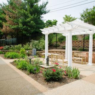 A serene garden with a white pergola and benches surrounded by lush greenery.