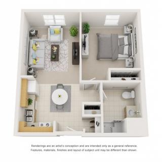 This image shows a 3D floor plan of a modern one-bedroom apartment with a living room, kitchen, and bathroom.