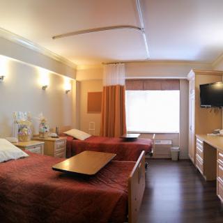 A well-equipped hospital room featuring two beds, modern furnishings, and natural light.