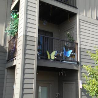 A charming apartment balcony adorned with decorative butterflies and greenery.
