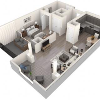 3D rendering of a modern one-bedroom apartment floor plan, showcasing a living room, kitchen, and bathroom.