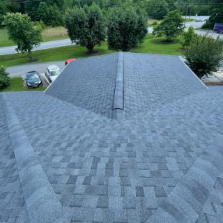 An aerial view of a shingled roof showcasing its structure and surrounding greenery.