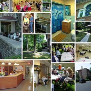 Collage of a retirement home's various facilities and communal activities.