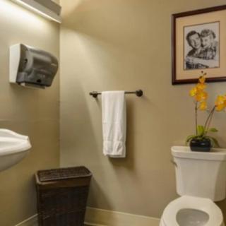A neatly arranged bathroom featuring a toilet, sink, and decorative elements.