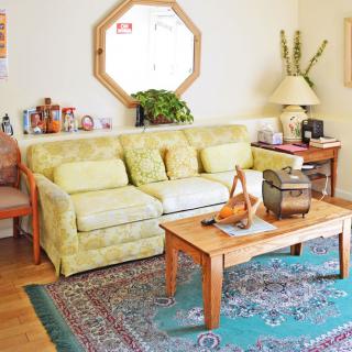 A cozy living room with a green sofa, wooden coffee table, and decorative elements.