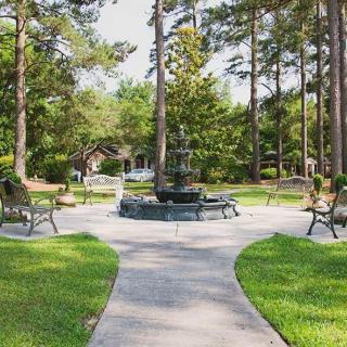 A scenic park with a central fountain, surrounded by benches and tall trees.