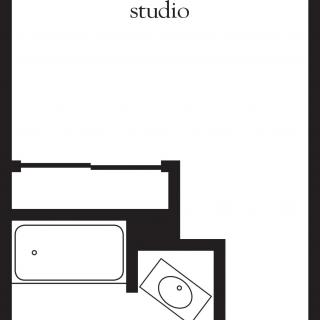 A simple floor plan of a studio apartment with a bathroom.