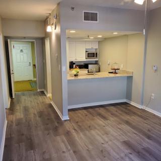 Modern apartment interior with an open kitchen and living area featuring hardwood floors.