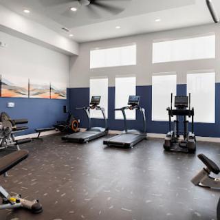 A well-equipped gym featuring various exercise equipment, including treadmills and ellipticals, designed for a modern workout experience.