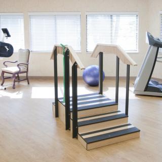 A physical therapy room with rehabilitation equipment, including stairs, a treadmill, and an exercise ball.