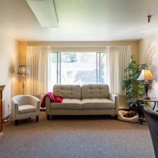 A cozy living room with a sofa, armchair, and large window.