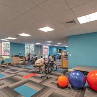 A bright and spacious rehabilitation gym featuring various exercise equipment and colorful fitness balls.