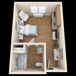 A 3D floor plan of a small studio apartment featuring a single bed, bathroom, and a compact living area.