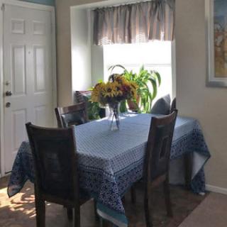 A cozy dining area featuring a table set with a blue patterned cloth, surrounded by chairs, with a window bringing in natural light and a touch of greenery.