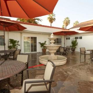 A cozy outdoor patio area featuring tables, chairs, large orange umbrellas, and a central fountain surrounded by palm trees.