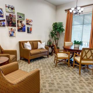 A cozy living room with comfortable seating, wall art, and indoor plants.