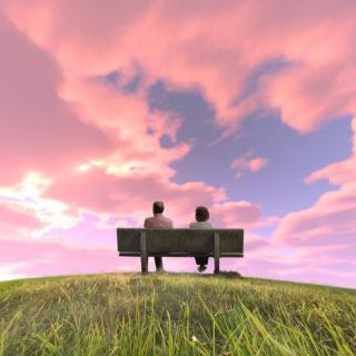 A couple sits on a bench enjoying a serene sunset with pink clouds.