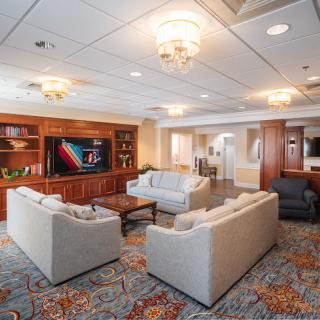 A well-furnished living room featuring comfortable sofas, a large television, and elegant lighting.